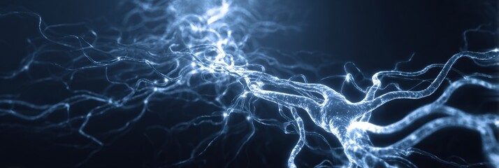 Visualization of Neural Pathways Illuminated by Light Trails Against a Dark Blue Background Showcasing Brain Connectivity