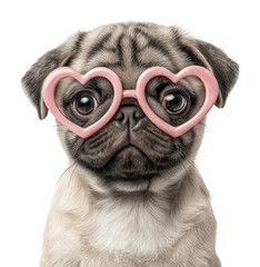 Lovable whimsical pug with heart shaped glasses image isolated transparent. Humorous canine romantic dog heartshaped eyewear cut out photo png. Quirky pet humor animal cutout photography
