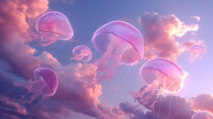 Translucent glowing pink jellyfish drifting among fluffy clouds in a surreal sky. Freedom, Dreamy concept
