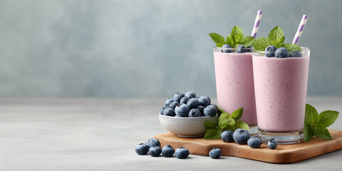 Blueberry Bliss: A vibrant and inviting composition featuring two glasses of refreshing blueberry smoothies, adorned with fresh mint leaves and charming striped straws.