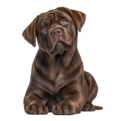 Obraz premium Chocolate Labrador puppy lying down, front paws extended image isolated transparent. Young brown lab head tilted cut out photo png. Inquisitive pet domestic animal cutout photography