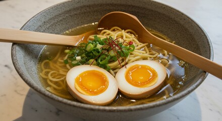 Delicious ramen bowl with soft boiled eggs, scallions, and wooden spoons