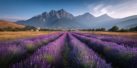 Obraz premium Lavender fields stretch towards majestic mountains under a serene sky, creating a picturesque landscape and a calming atmosphere.