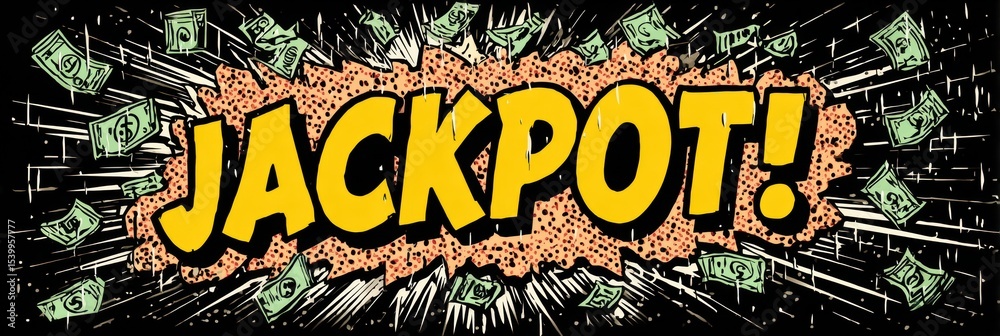 Poster bold pop art style graphic featuring the word jackpot with money raining down in the background show