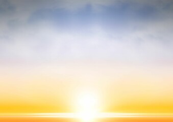 Glowing sun is rising over reflective water surface in flat design, with scattered clouds