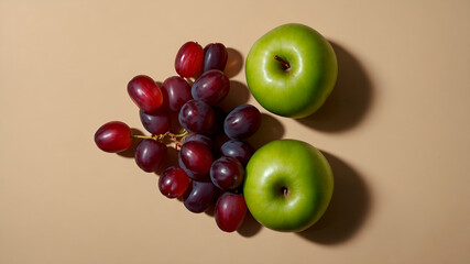 Green apple slices and red grapes arranged on a beige background. Fresh flat lay with warm natural tones and a clean design perfect for healthy living visuals.