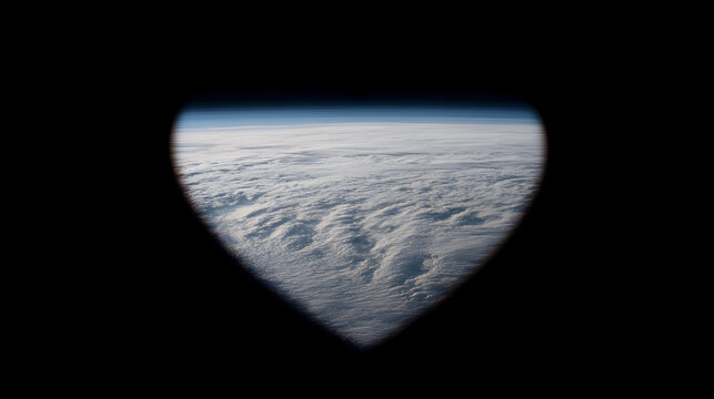 View of Earth"s cloud-covered surface and atmosphere seen through a heart-shaped window from space. - Powered by Adobe