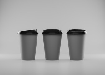 disposable coffee cups with lids, minimalistic, gray background, takeaway beverage containers.