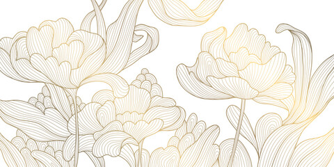 Vector golden line flowers, floral luxury art pattern. Abstract nature ornament garden leaf wallpaper, spring, wedding botanical graphic. Tropical Chinese, Japanese background