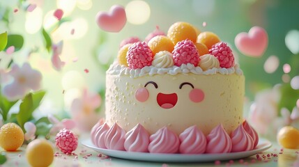 Cute smiling cake with colorful toppings and heart-shaped decorations. AI-generated.