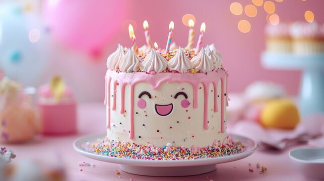Delightful pink cake with smiley face and candles, perfect for celebrations. AI-generated. - Powered by Adobe