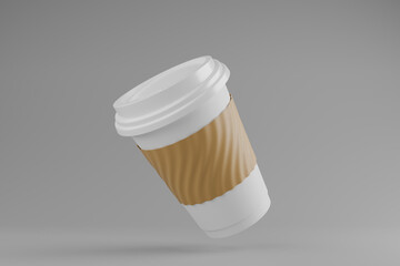3d rendering of white paper coffee cup on gray background. mock up brand presentation.