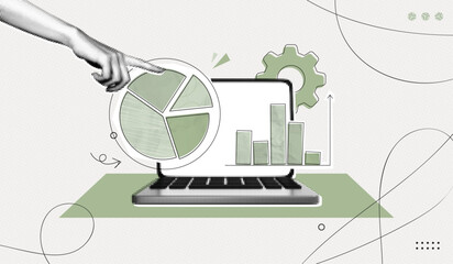 Naklejka na ściany i meble Trendy Halftone Collage Computer laptop with financial analytics. Pieces of pie chart. Business data and market share concept. Finance graph. Investment strategy. Contemporary vector illustration art