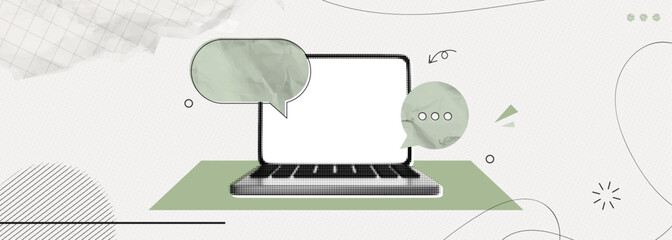 Trendy Halftone Collage Computer laptop with speech bubble messages. Social media communication. Online chat or forum. Discussion and feedback. Contemporary vector illustration art