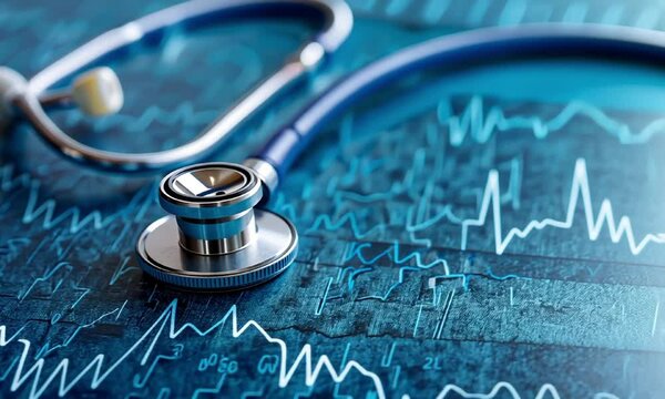Stethoscope on ekg diagram closeup animation video. Patient examination tool with heartbeat chart animated footage clip seamless HD motion graphics. Medical tests conduction concept