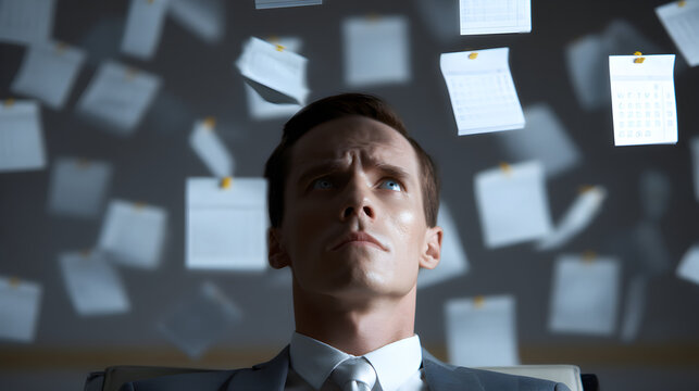 A stressed businessman in a suit looks upwards as multiple calendar pages fall around him, symbolizing pressure and overwhelming deadlines.