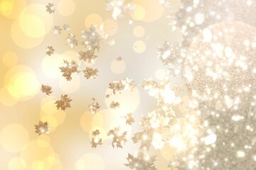 Metallic golden maple leaf shapes drifting through bokeh orbs and glittering texture in vector art