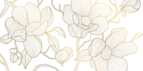Vector golden line flowers, floral luxury art pattern. Abstract nature ornament garden leaf wallpaper, spring, wedding botanical graphic. Tropical Chinese, Japanese background © marylia17