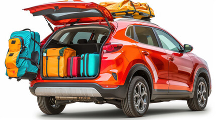 SUV Loaded with Colorful Luggage and Gear Ready for Adventure on a Summer Road Trip