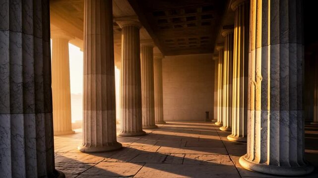 Sunlight streams through majestic classical columns in an ancient temple interior, evoking history, philosophy, and the grandeur of past civilizations, ideal for cultural or educational content