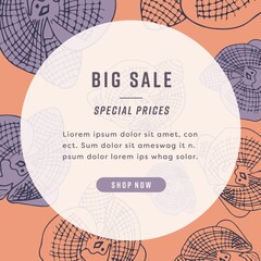 Image of big sale special prices text with flowers on orange background