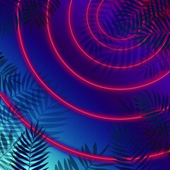 Image of neon circles over leaves on blue background