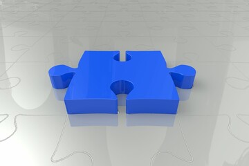 Glossy blue puzzle piece is resting in 3D studio on reflective puzzle layout, casting reflection