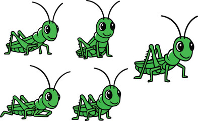 vector illustration of grasshopper locust grig bug insect cute simple funny cartoon mascot character cartoon with 5 poses 02