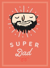 Naklejka premium Flat design bearded head is radiating white lines on coral with rectangular border SUPER Dad text