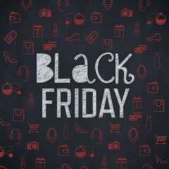 Flat design is showing white chalk-style Black Friday on dark slate board with red shopping icons