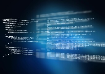 Showing flat design transparent C# code blocks flowing across blue gradient background motion blur