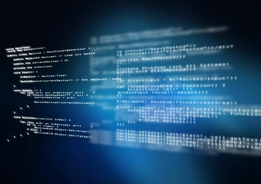 Showing flat design transparent C# code blocks flowing across blue gradient background motion blur