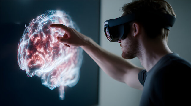A person wearing a VR headset interacts with a glowing digital brain hologram, symbolizing advanced technology and neuroscience.