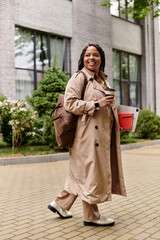 Fototapeta premium University teacher enjoying a morning walk while carrying books and coffee on campus