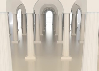 Flat design is showing corridor with fluted columns and arches, shiny floor and arched window