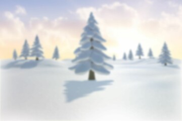Central snow-laden pine tree is being shown in flat design winter landscape with pastel sky