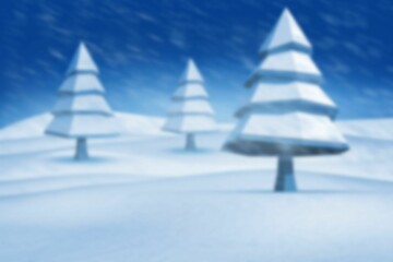 largest tiered snow-covered conical tree is standing in flat design winter scene with flurries