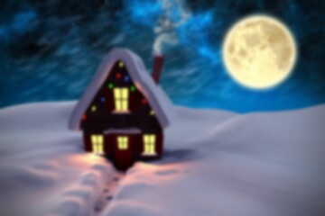 Wooden cabin is glowing with warm windows in flat design, with snowy trail and full moon