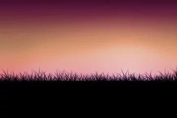 Fototapete Rund Silhouetted grass blades are stretching across purple to orange gradient sky in flat design © vectorfusionart