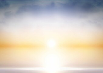 Obraz premium Vector art is showing bright sun rising at horizon over calm water reflecting sky copy space