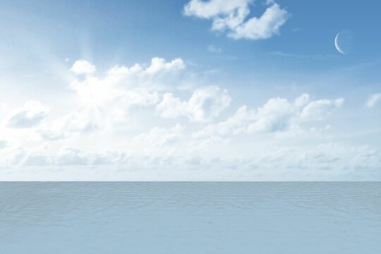 Fototapeta Flat design seascape showing ocean stretching to horizon under sky with scattered clouds, sun, moon