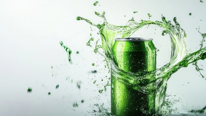 Green aluminum can surrounded by a vibrant splash of liquid