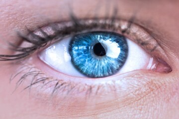 Close-up macro eye illustration is showing vivid blue iris with radial textures and cornea glare