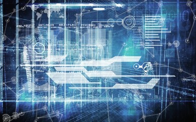 Central HUD interface is displaying code streams and charts on flat design panel with world map