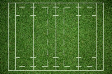 Depicting top-down view of striped grass pitch with boundary lines, dashed and H-shaped markings