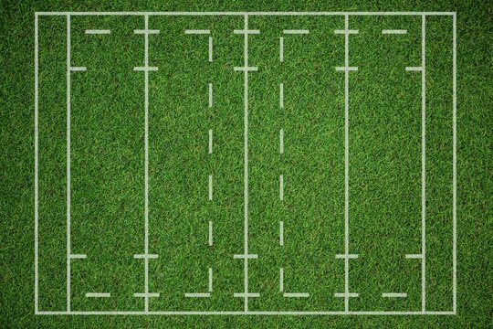 Depicting top-down view of striped grass pitch with boundary lines, dashed and H-shaped markings
