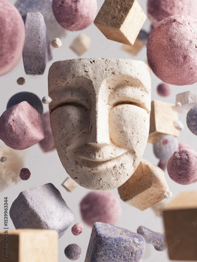 Aufkleber Smiling Clay Face Floats Among Vibrant Abstract Shapes in a Minimalist Space Creating a Joyful Atmosphere