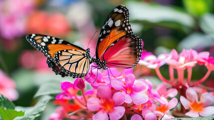 Fototapeta premium Butterflies Perched on Bright Pink Flowers in a Lush Garden Setting