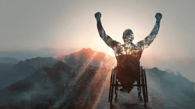 Inspirational Moment of Triumph in Nature with Wheelchair User Celebrating at Sunrise Background