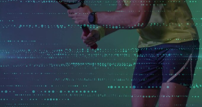 Male athlete shifting weight and swinging tennis racket for forehand in sports with animated dots